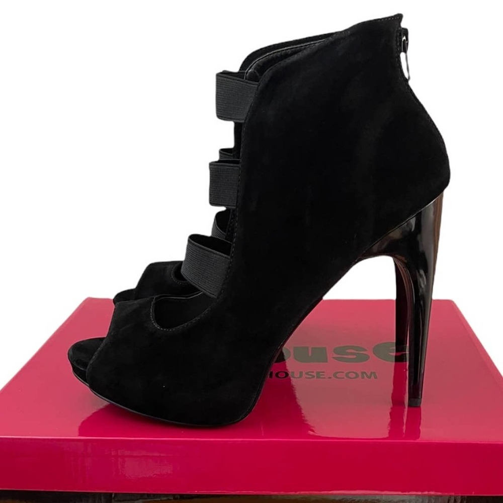 Black Suede Peep-Toe Strappy High Heel Booties